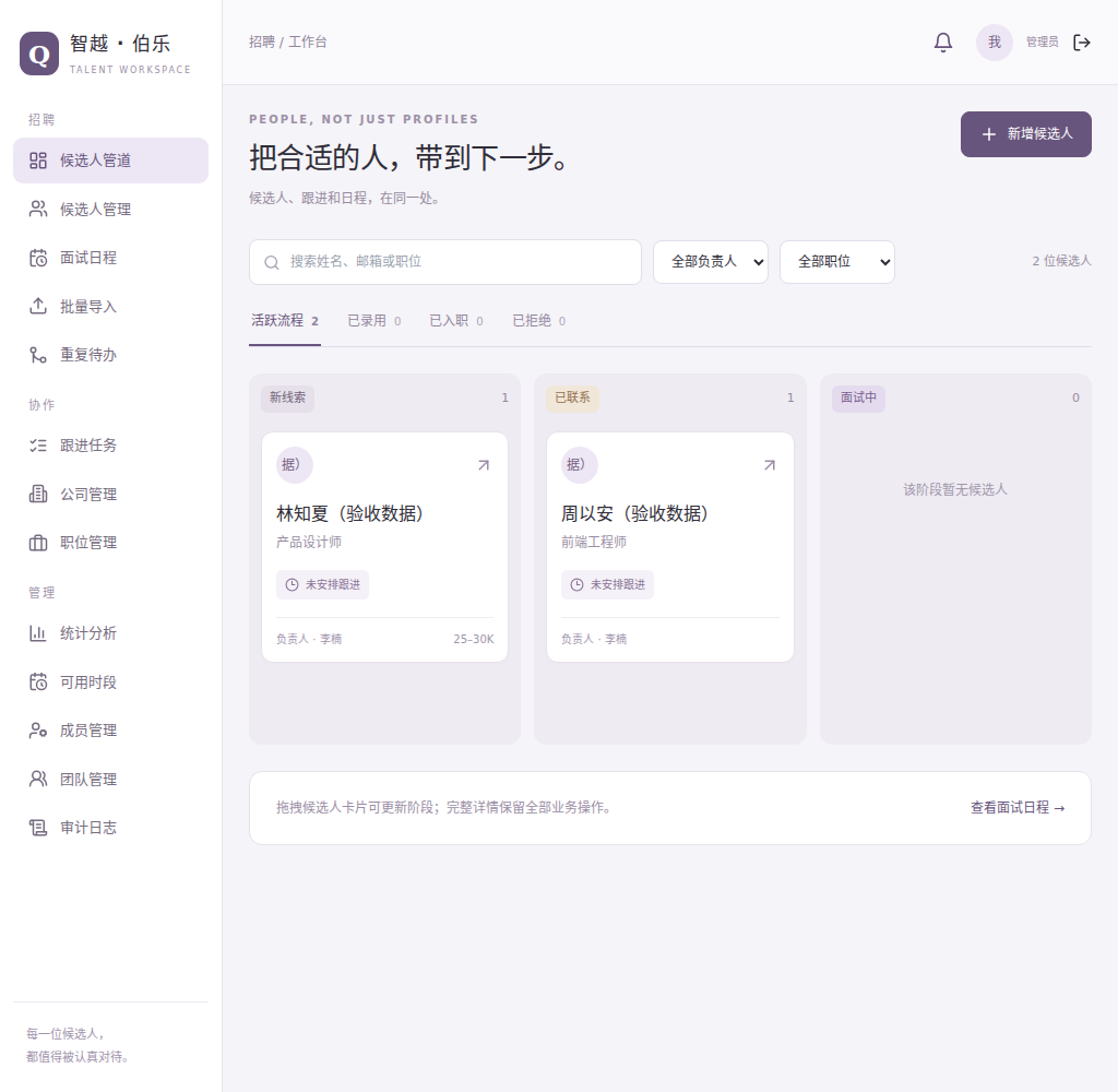 招聘工作台页面预览，示例数据